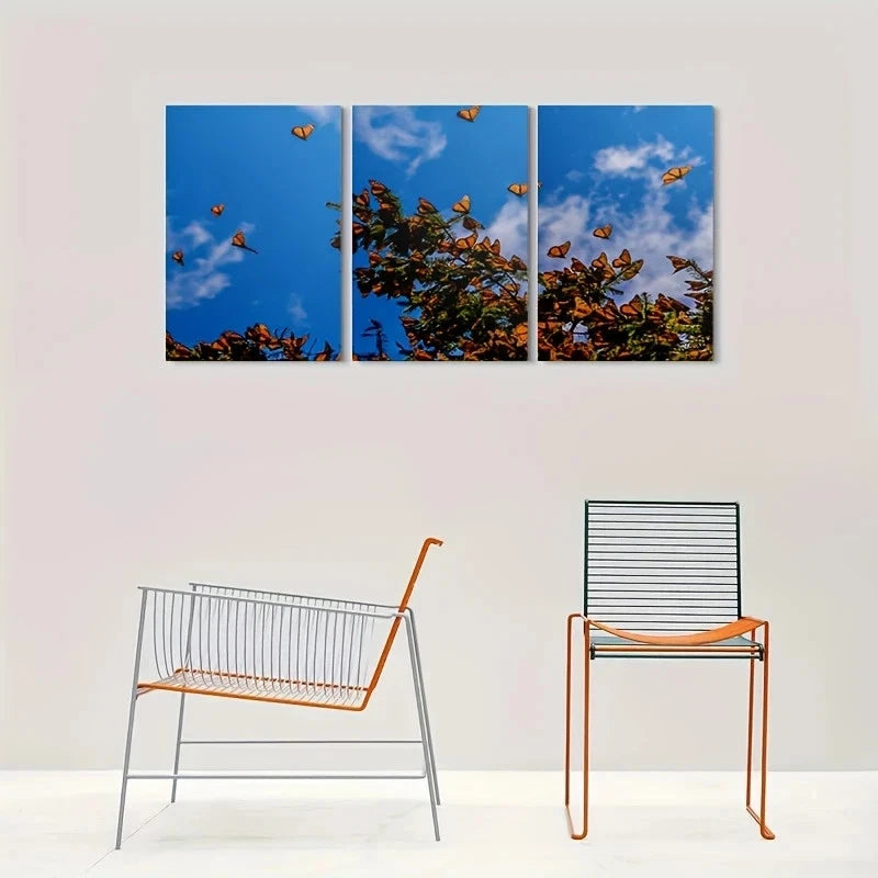 3pcs Vibrant Blue Sky & Orange Butterflies Metal Print Ready to Hang Art