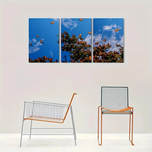 3pcs Vibrant Blue Sky & Orange Butterflies Metal Print Ready to Hang Art