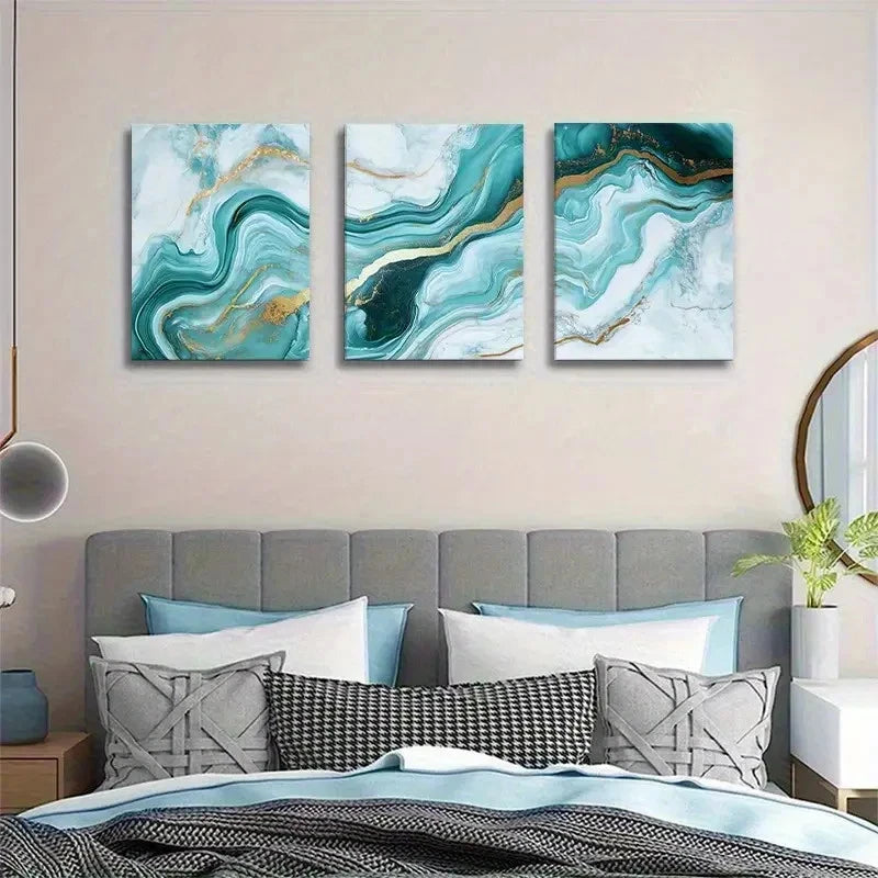 3pcs Turquoise Golden Abstract Fluid Texture Metal Print Ready to Hang Art