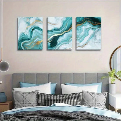3pcs Turquoise Golden Abstract Fluid Texture Metal Print Ready to Hang Art