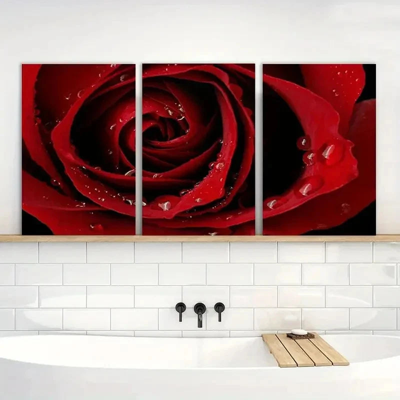 3pcs Vibrant Red Rose Water Droplets Detail Metal Print Ready to Hang Art