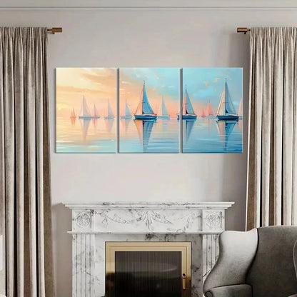 3pcs Sailing Boats Serene Ocean Pastel Sky Metal Print Ready to Hang Art