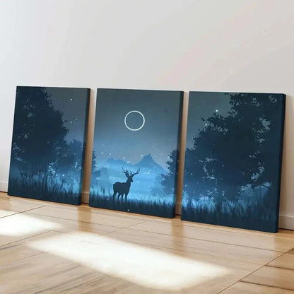 3pcs Fantasy Cartoon Night with an Elk Modern  Wall Art Set Canvas Framed 40x60cm - High Quality Print 100% Australian Made Wall Canvas Ready to Hang