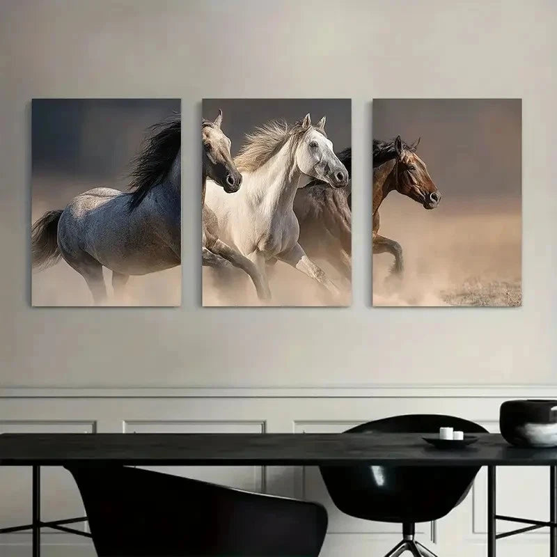 3pcs Three Horses Running in the Desert Metal Print Ready to Hang Art
