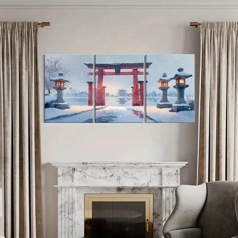 3pcs Winter Wonderland Japanese Torii Gate Metal Print Ready to Hang Art