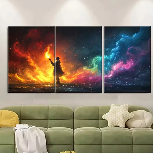 3pcs Boy Holding Flare in Darkness Rainbow Smoke Metal Print Ready to Hang Art