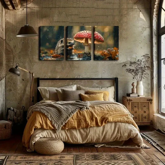 3pcs Charming Hedgehog Under Mushroom Forest Metal Print Ready to Hang Art