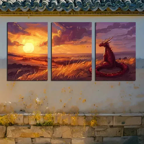 3pcs A Young Dragon Watching The Sunset Canvas Framed 60x90cm - High Quality Print 100% Australian Made Wall Canvas Ready to Hang