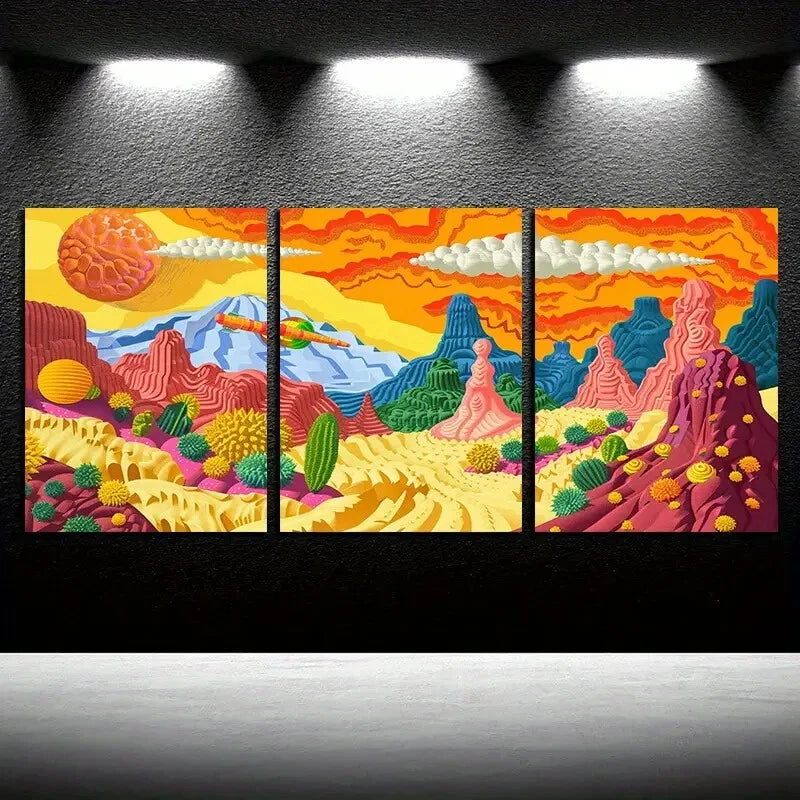 3pcs Vibrant Colorful Valley Landscape Metal Print Ready to Hang Art
