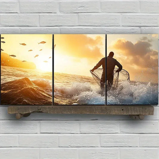 3pcs Fishermen Casting Nets Sunrise Metal Print Ready to Hang Art