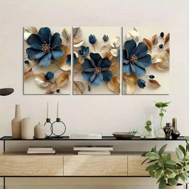3pcs Dark Blue Flowers with Golden Leaves Metal Print Ready to Hang Art