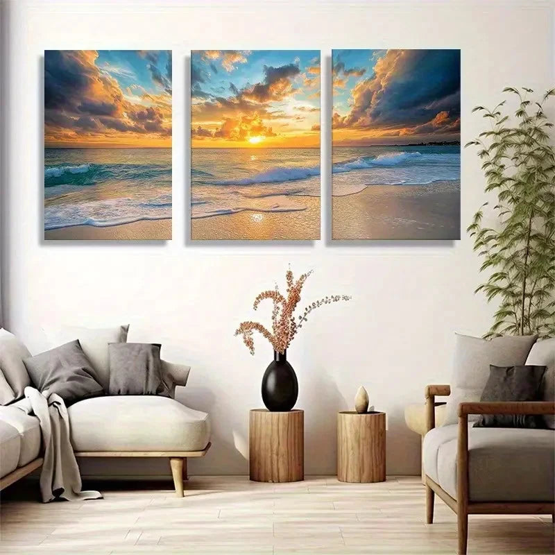 3pcs Coastal Ocean Sunset Golden Sky Gentle Waves Metal Print Ready to Hang Art