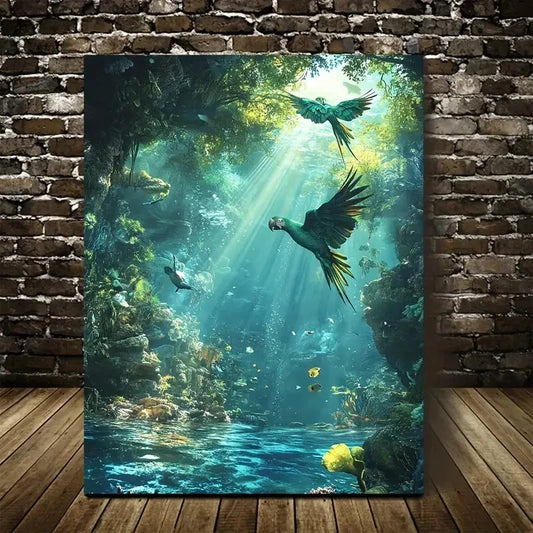 Steampunk Parrot Underwater Scene Vibrant Painting 40x60cm Metal Print Ready to Hang
