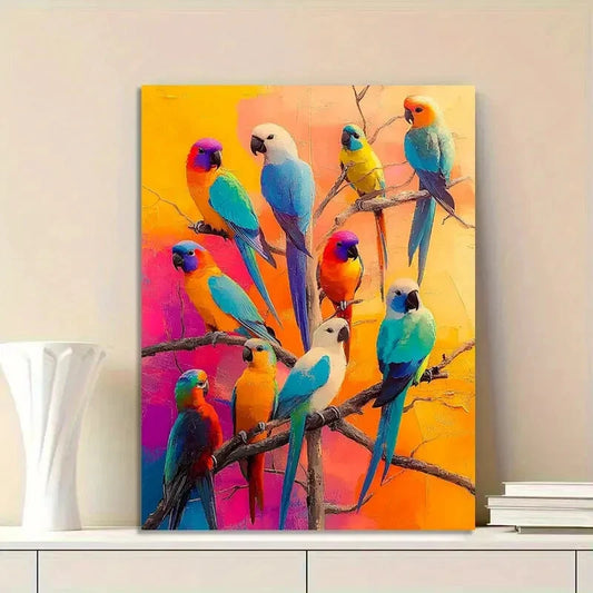 Colorful Painting of Many Beautiful Parrots Sitting 40x60cm Metal Print Ready to Hang