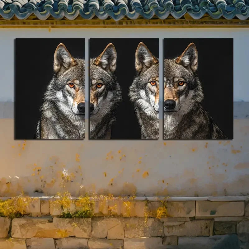 3pcs Two Wolves in Black background Metal Print Ready to Hang Art