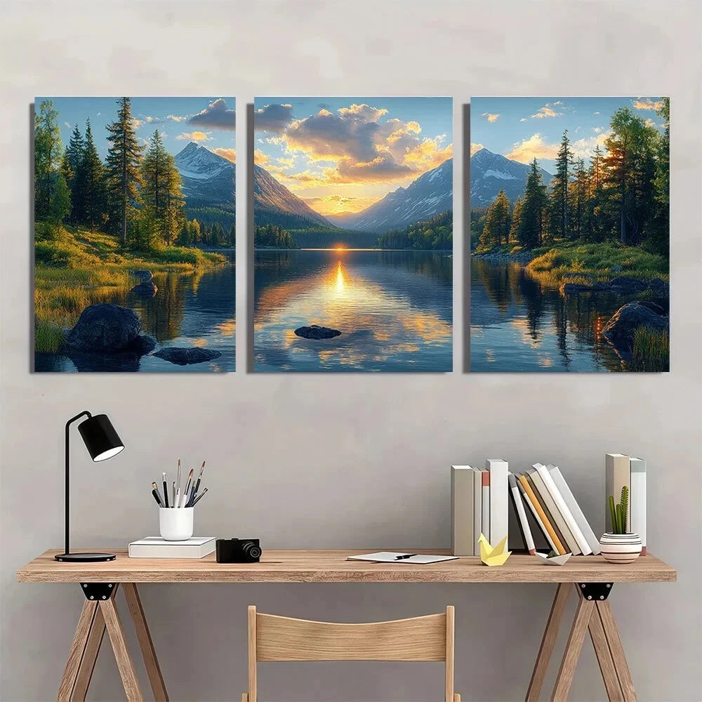 3pcs Nature Mountain Lake Scene Metal Print Ready to Hang Art