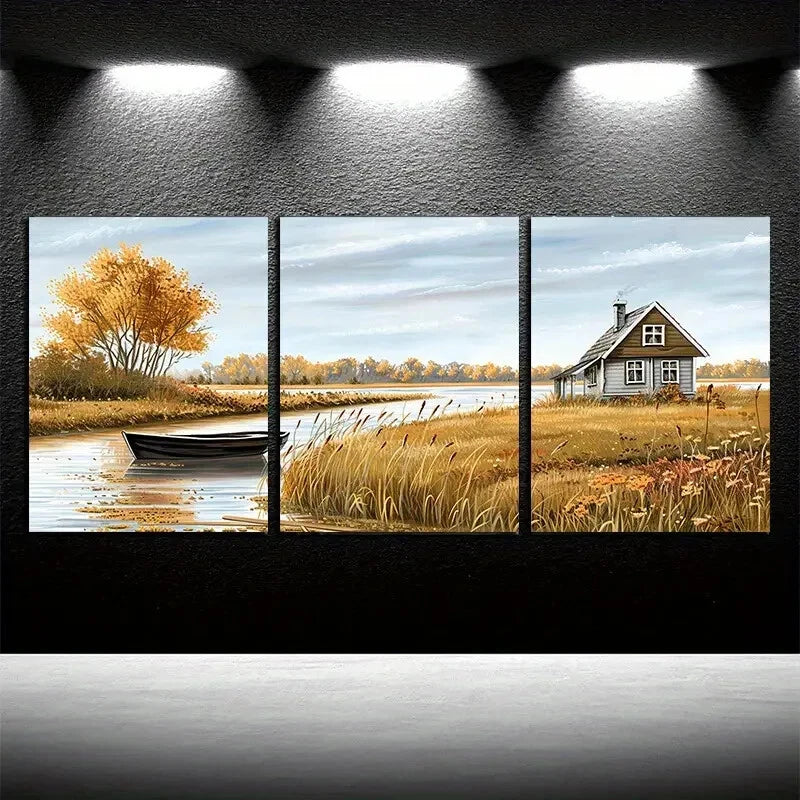 3pcs The Small Boat By The Farmhouse Illustration Metal Print Ready to Hang Art