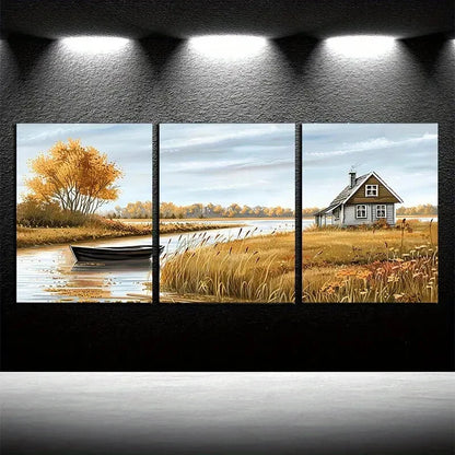 3pcs The Small Boat By The Farmhouse Illustration Metal Print Ready to Hang Art