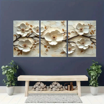 3pcs White Floral Texture Artwork Beige Minimalist Metal Print Ready to Hang Art