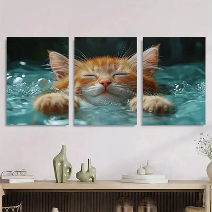 3pcs Adorable Kitten Serene Blue & Green Water Metal Print Ready to Hang Art