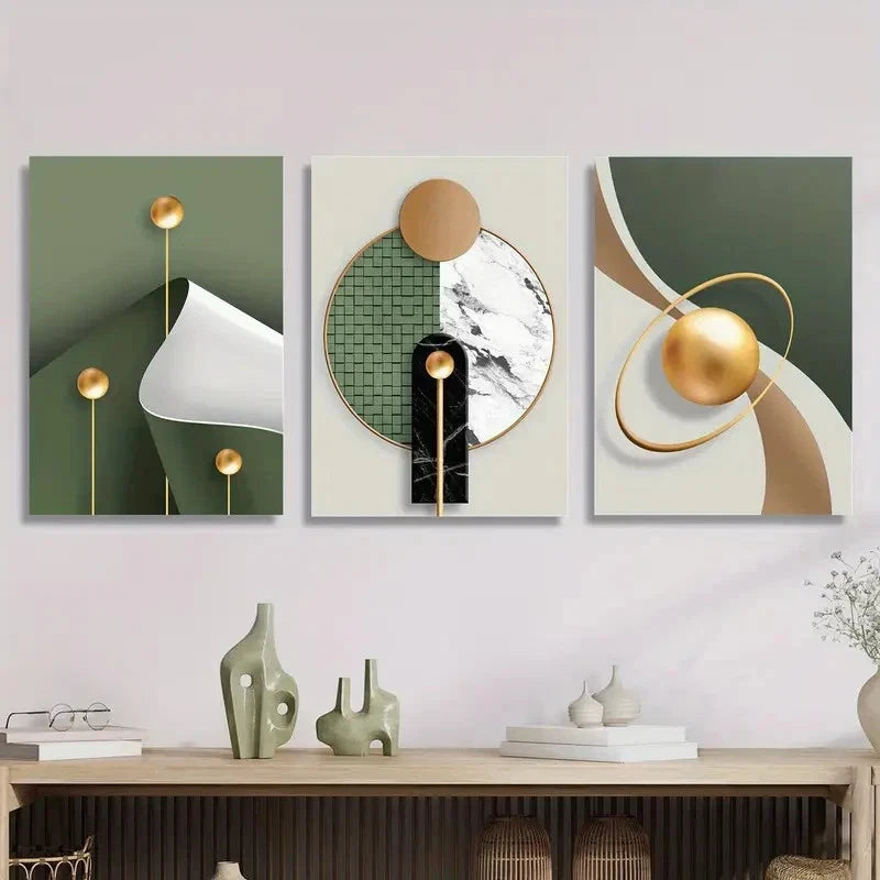 3pcs Abstract Luxury Golden Geometry Printing Metal Print Ready to Hang Art