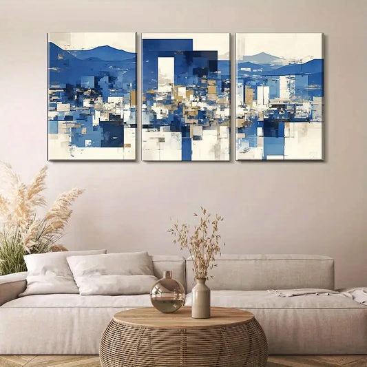 3pcs Blue & Golden Geometric Shapes Perfect Wall Art Set Canvas Framed 40x60cm - High Quality Print 100% Australian Made Wall Canvas Ready to Hang