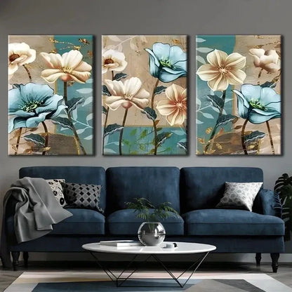 3pcs Brown and Blue Stamen Blue and White Floral Metal Print Ready to Hang Art