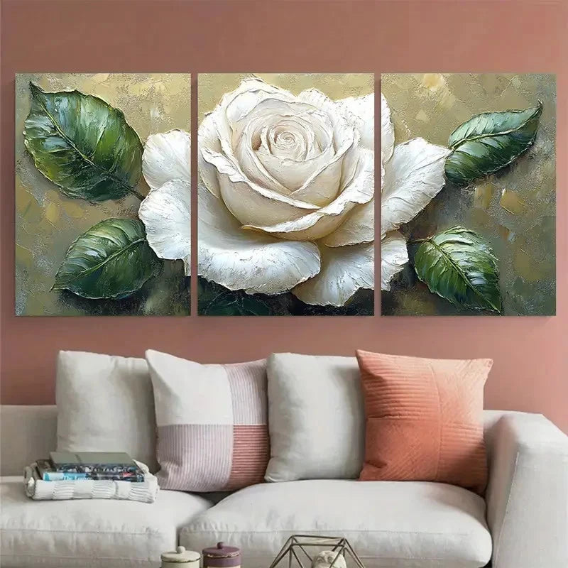 3pcs White Rose with Green Leaves Modern Spring Metal Print Ready to Hang Art