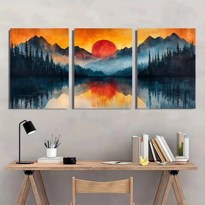3pcs Abstract Mountain Lake Modern Metal Print Ready to Hang Art