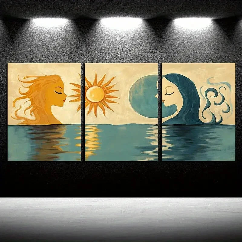 3pcs Couples on The Water Surface Illustration Metal Print Ready to Hang Art