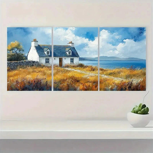 3pcs Scottish Cottage Painting Isle Pf Sky Metal Print Ready to Hang Art