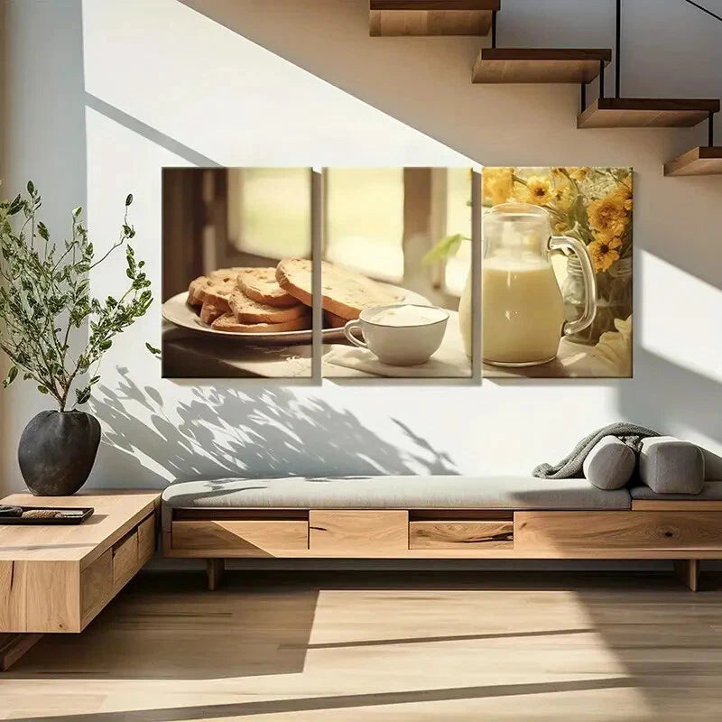 3pcs Warm Breakfast Golden Sunlight Fresh Bread Metal Print Ready to Hang Art