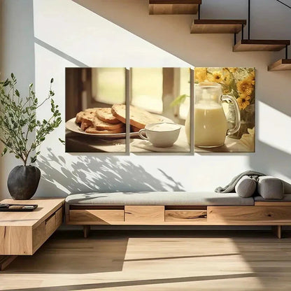 3pcs Warm Breakfast Golden Sunlight Fresh Bread Metal Print Ready to Hang Art