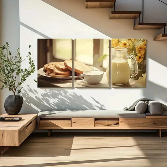 3pcs Warm Breakfast Golden Sunlight Fresh Bread Metal Print Ready to Hang Art