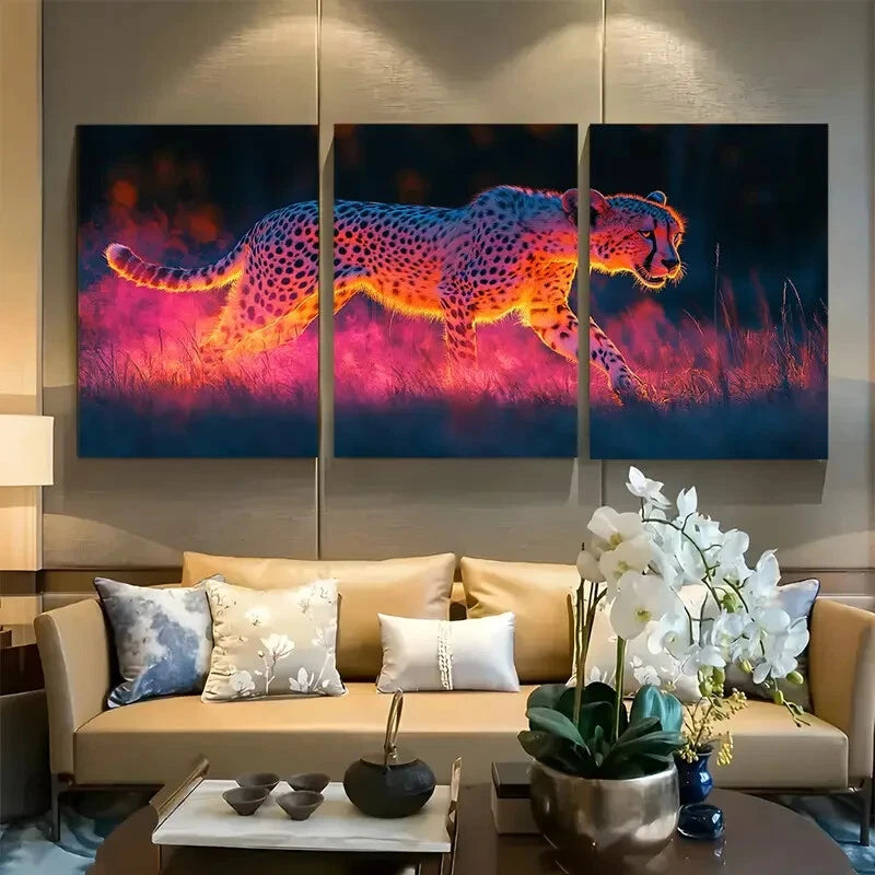 3pcs Cheetah on the Hunt, Vaporwave Design Metal Print Ready to Hang Art