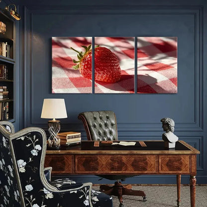 3pcs Fresh Vibrant Strawberry on Checkered Cloth Metal Print Ready to Hang Art