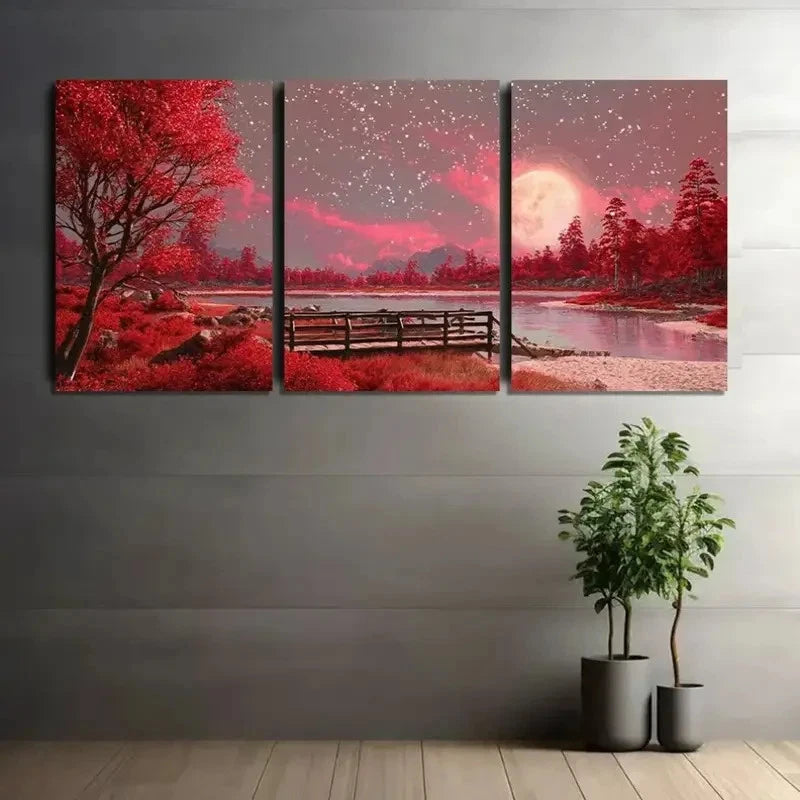 3pcs Cinematic Night Sky & Lake Painting Metal Print Ready to Hang Art