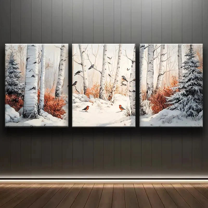 3pcs Silver Birch Winter Scene Metal Print Ready to Hang Art