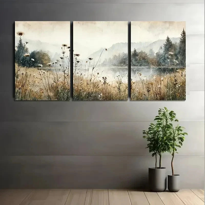 3pcs Watercolor Landscape with Tall Grass Scene Metal Print Ready to Hang Art