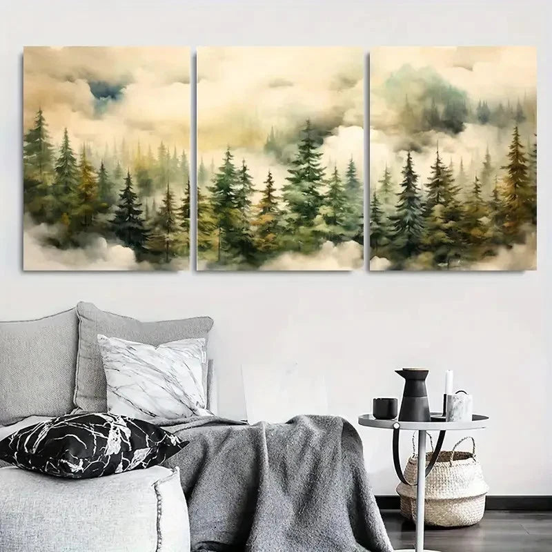 3pcs Tranquil Forest Misty Pine Tree Metal Print Ready to Hang Art