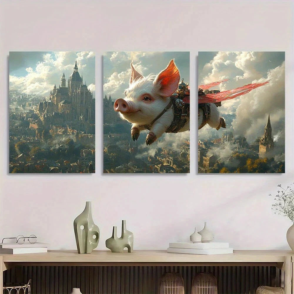 3pcs Fantasy Flying Pig Scene Castle & Clouds Metal Print Ready to Hang Art