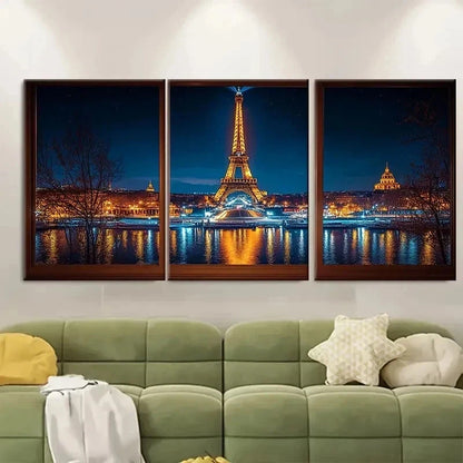 3pcs Eiffel Tower at Night Parisian Cityscape H    Wall Art Set Canvas Framed 50x70cm - High Quality Print 100% Australian Made Wall Canvas Ready to Hang