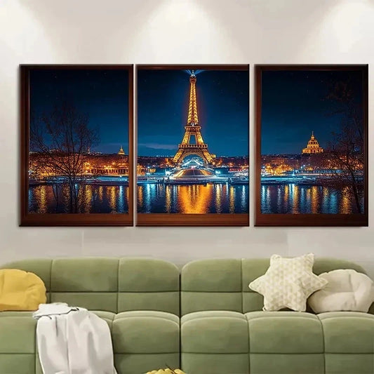 3pcs Eiffel Tower at Night Parisian Cityscape H    Wall Art Set Canvas Framed 50x70cm - High Quality Print 100% Australian Made Wall Canvas Ready to Hang