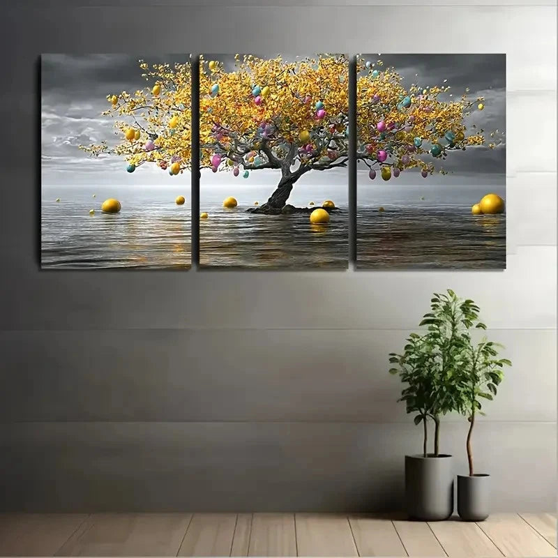 3pcs Golden Leaves Glowing Orbs & Ocean Wall Art Set Canvas Framed 40x60cm - High Quality Print 100% Australian Made Wall Canvas Ready to Hang