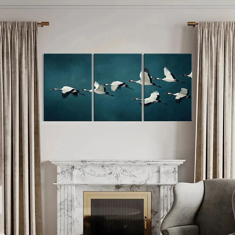 3pcs Elegant Crane Flight Abstract Art Poster Metal Print Ready to Hang Art