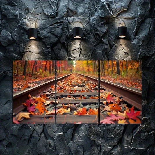 3pcs Fallen Leaves and Rocks on Railway Track Metal Print Ready to Hang Art