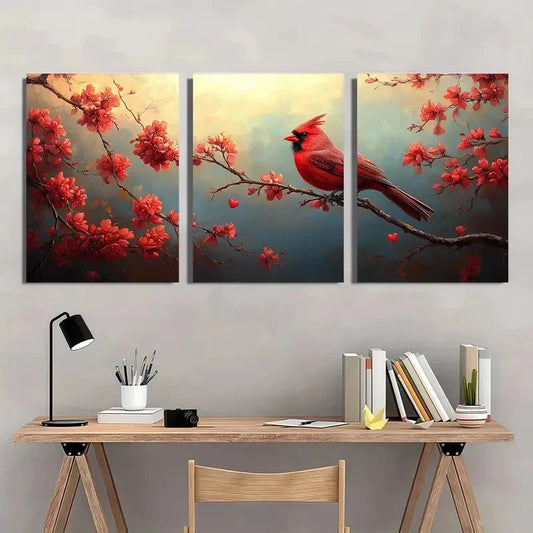 3pcs Vibrant Cardinal & Cherry Blossom Wall Art Set Canvas Framed 60x90cm - High Quality Print 100% Australian Made Wall Canvas Ready to Hang