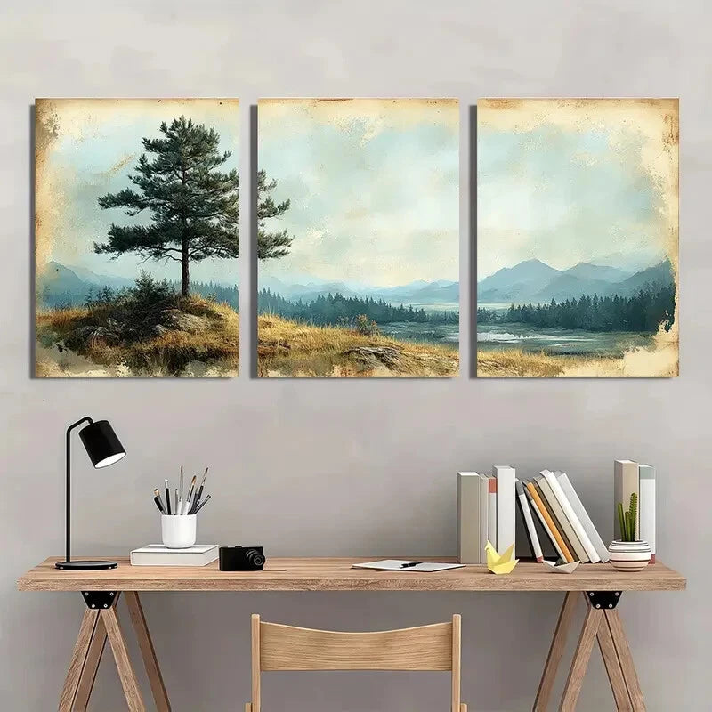 3pcs Vintage Pine Tree Panoramic Landscape Metal Print Ready to Hang Art
