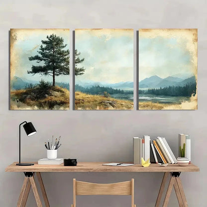3pcs Vintage Pine Tree Panoramic Landscape Metal Print Ready to Hang Art