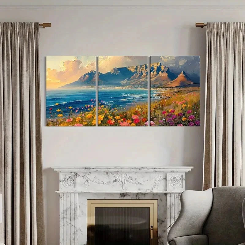 3pcs Mountain Landscape Vibrant Flowers Coastal Metal Print Ready to Hang Art